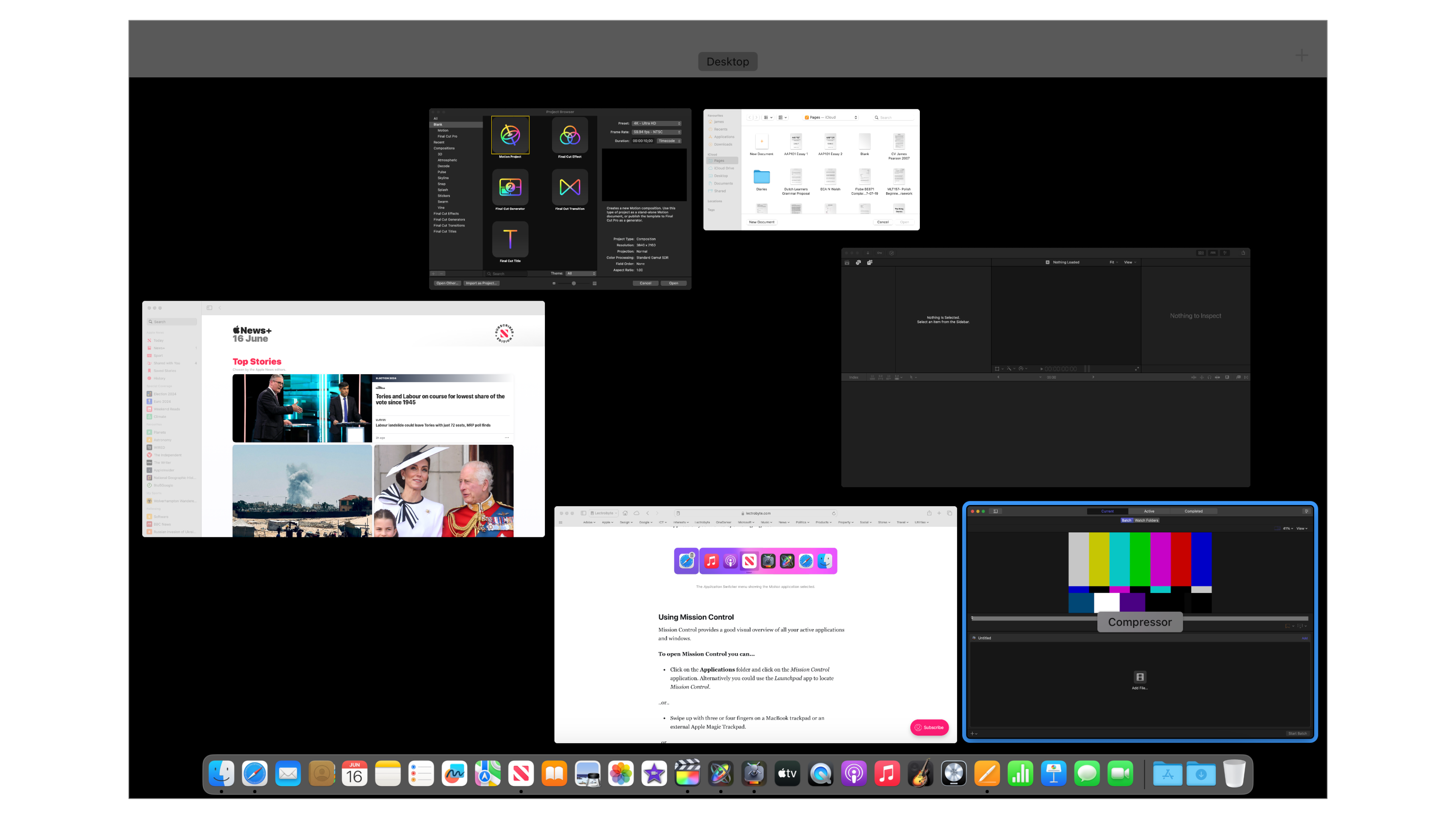 The Mission Control feature showing an overview of all active application windows.