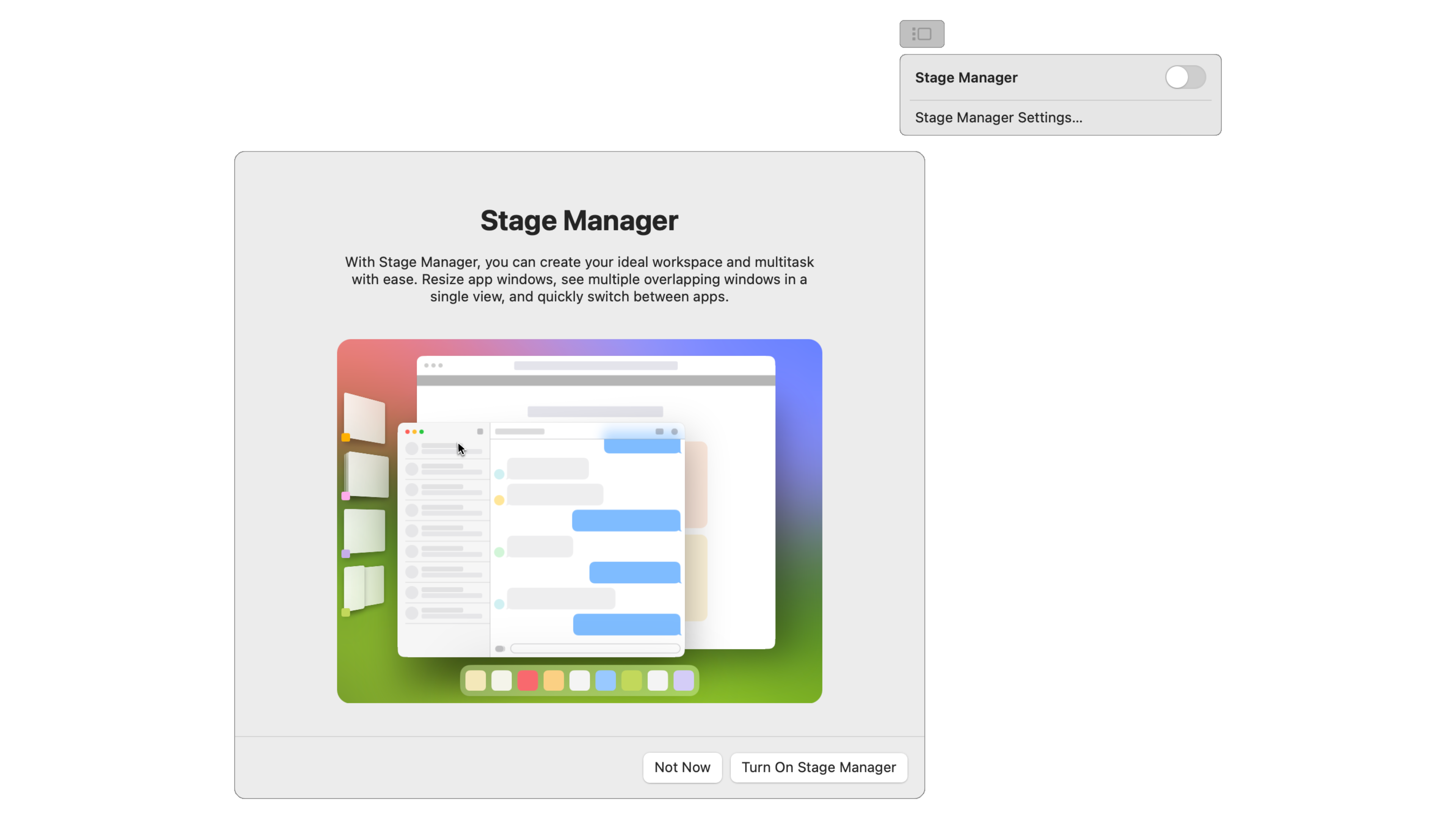 The Stage Manager icon and corresponding menu with the option to toggle Stage Manager on and off.