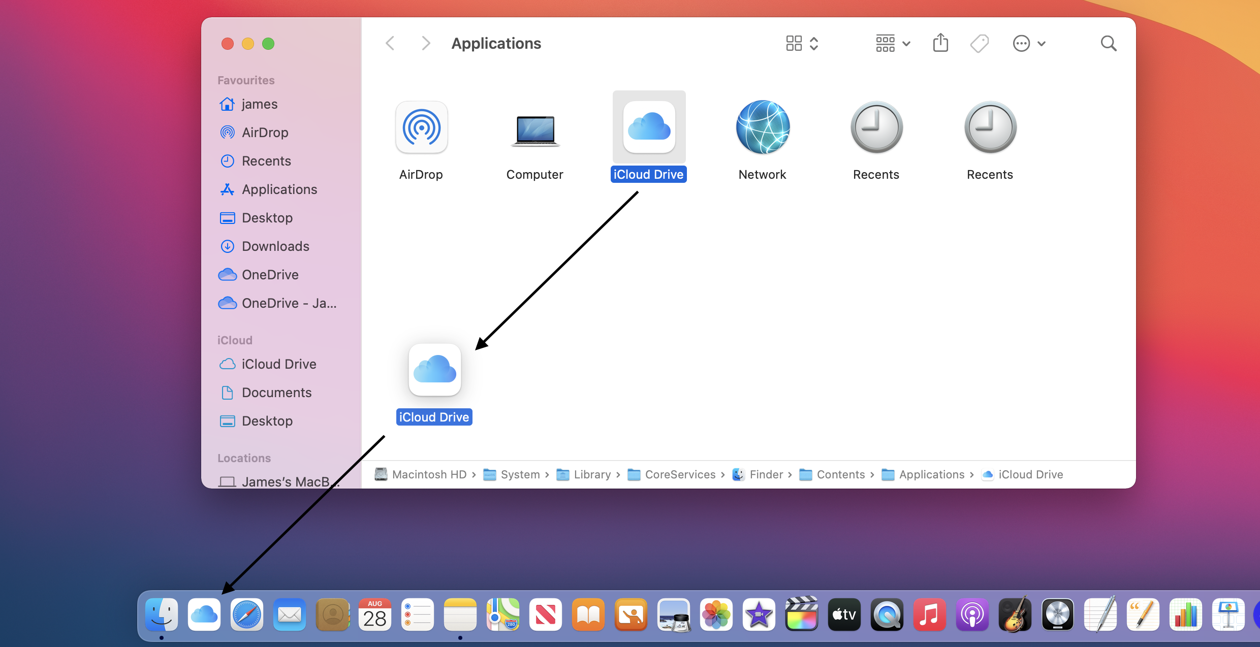 Dragging the iCloud Drive application icon into the Dock.