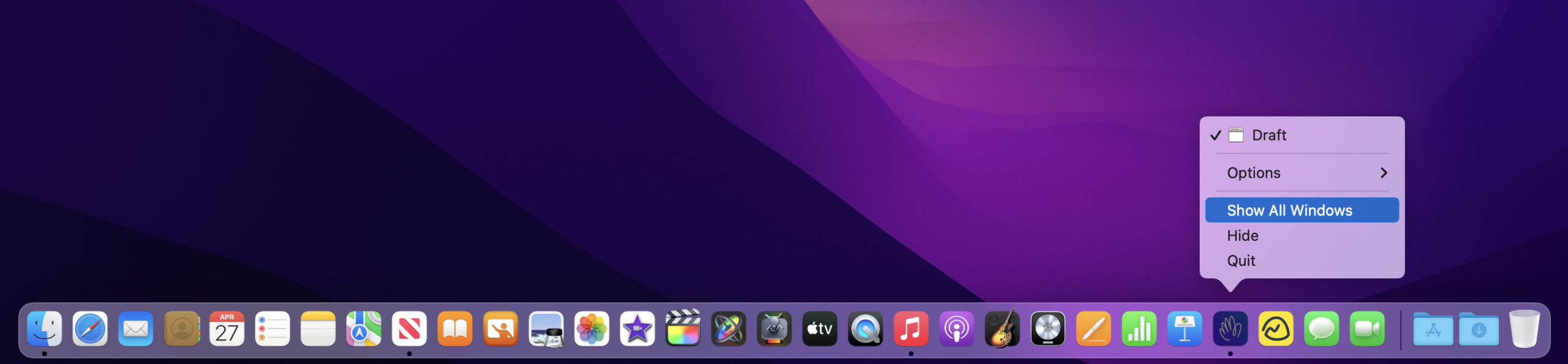The Show All Windows option from the Dock's pop-up menu.