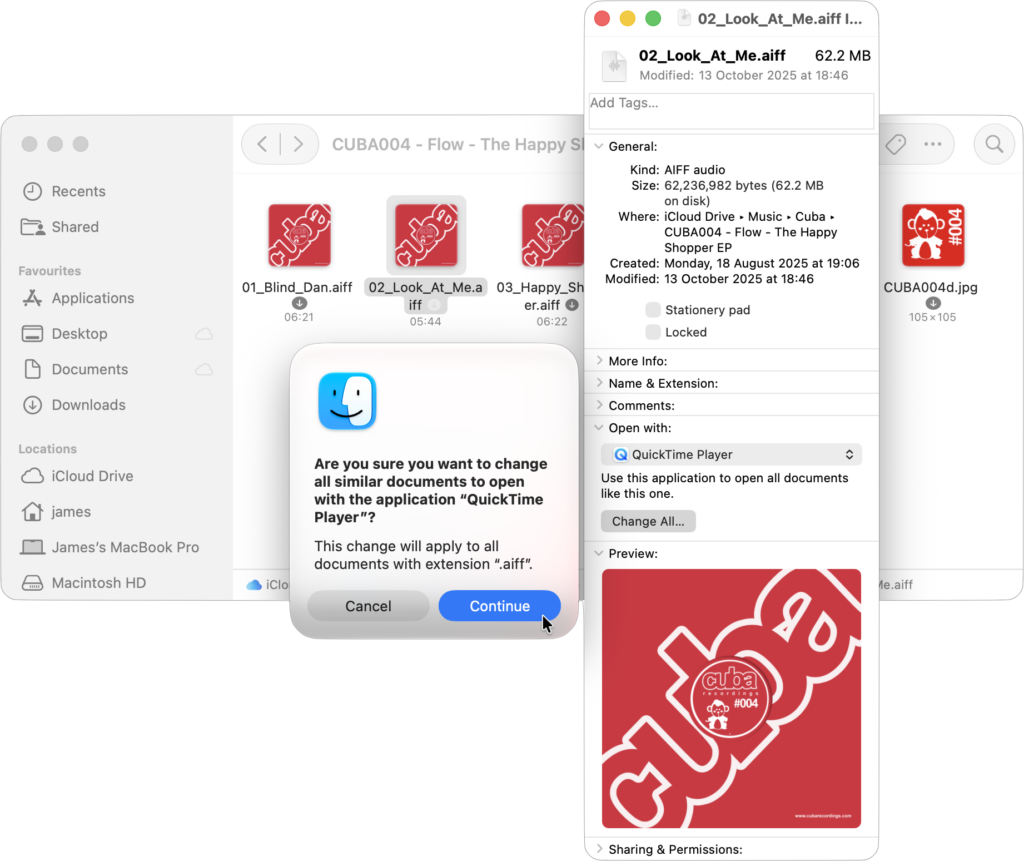 A files contextual menu with options to Open with: and Change All... QuickTime Player has been chosen.