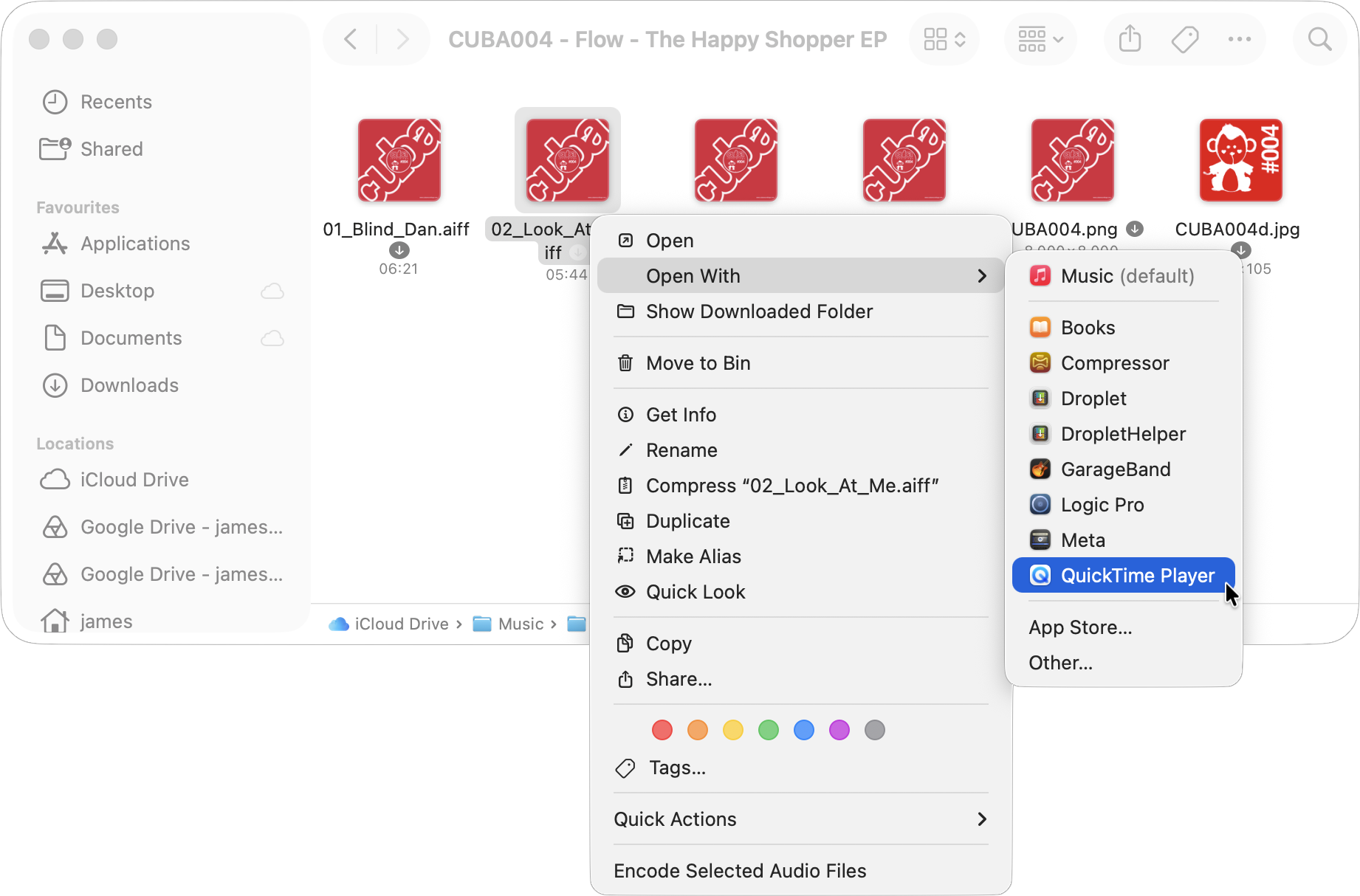 File window showing the contextual menu after secondary clicking on an audio file. Open With is highlighted and then QuickTime Player is selected.