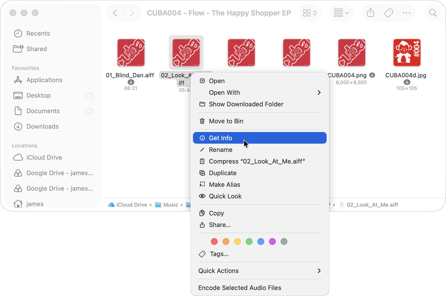 File window showing the contextual menu after secondary clicking on an audio file. Get Info is highlighted.